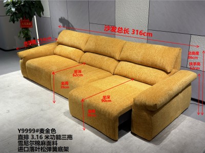 高品质爆款功能沙发来袭  型号：Y9999# 麦金色  尺寸：直排3.16米功能三拖  特点：雪尼尔棉麻面料，实木宽板框架，海绵坐包，弹簧底架，高密度海绵，坐感舒适！图9