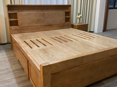 白蜡木909#储物大床，全实木材质，床头柜带USB充电接口，三面床体带储物大抽屉图2